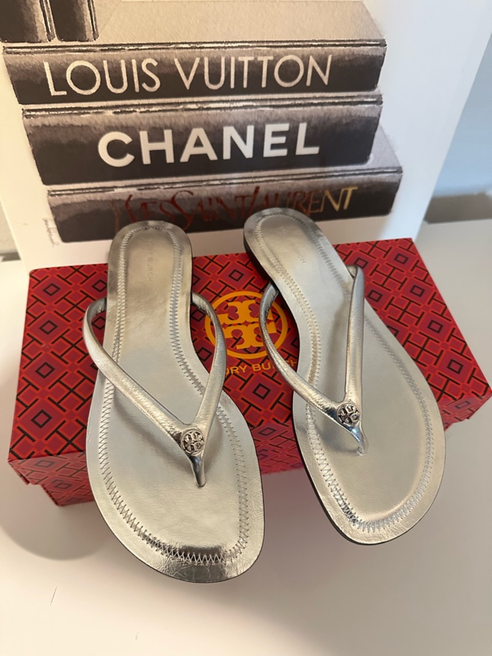 Tory Burch Silver Metallic Logo Thong Sandals